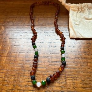 Canyon Leaf Baltic Amber Raw Cognac Amber Lava + Jade + Agate 21" Adult Necklace